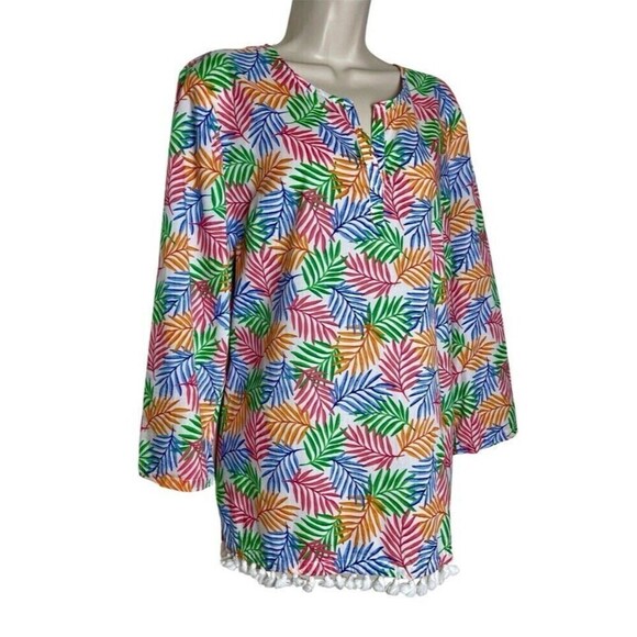 Talbots Leafy Print Popover Tunic top Size XL Long Sleeve Tassels Hem Tropical - Picture 3 of 8